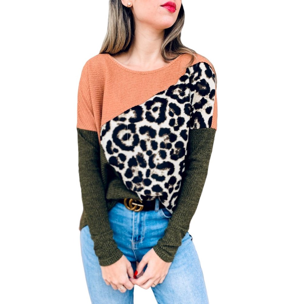 Amoli Leopard Color Block Ribbed Tunic Top